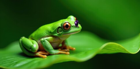 Naklejka premium Green frog resting on a small wavy green leaf, wildlife stock, green frog