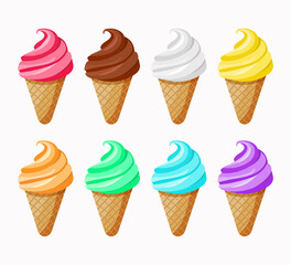Ice cream cones set of 8 different colors. Isolated on white background. Vector design.