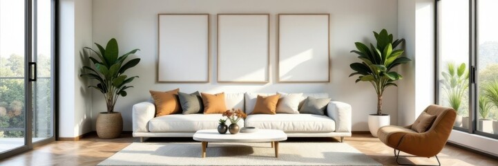 Modern living room interior with empty photo frames, gallery wall, artwork, modern decor