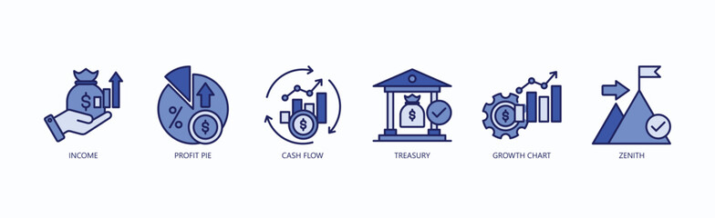 Financial Mastery Icon Set Isolated Vector With Icon Of Income, Profit Pie, Cash Flow, Treasury, Growth Chart, Zenith In Blue Style