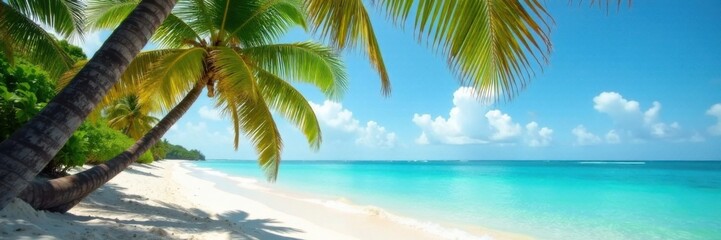 Fototapeta premium Palm trees sway gently in the warm tropical breeze, as turquoise waves caress the sandy shore, , sandy shore, warm weather
