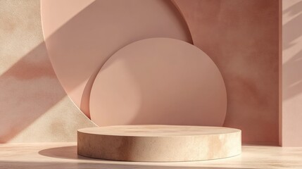 Fototapeta premium Minimalist wooden podium, soft pastel background, product display, studio shot