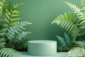 Green cylinder podium surrounded by ferns on a green background