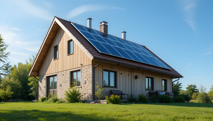 solar panels on a roof. Simple white colored house with solar panel on the roof in the middle of nowhere woods.