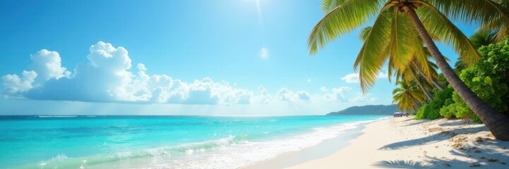 Obraz premium Sunny day at tropical beach with palm trees and ocean waves, wave, palm fronds