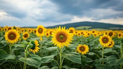 Obraz premium Sunflowers create a fascinating scene. Vibrant yellow petals and green foliage stand out, and the hills in the distance are softly focused. Captures the beauty, warmth, calmness and serenity of nature