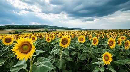 Fototapeta premium Sunflowers create a fascinating scene. Vibrant yellow petals and green foliage stand out, and the hills in the distance are softly focused. Captures the beauty, warmth, calmness and serenity of nature