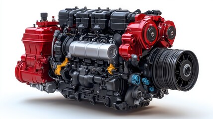 Powerful industrial engine with red and black components isolated on white background.
