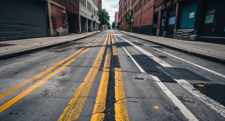 Urban side street with worn asphalt and faded lane markings