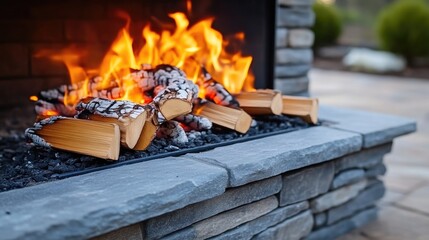 Outdoor fire pit with burning wood.  Close-up view of flames and logs