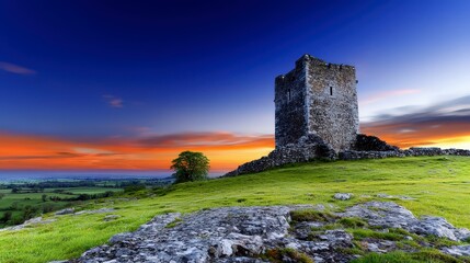 Fototapeta premium Majestic Sunset over Ancient Stone Tower Dramatic Landscape