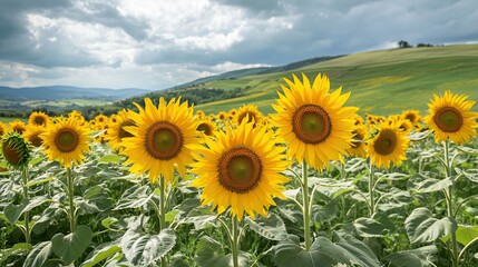 Fototapeta premium Sunflowers create a fascinating scene. Vibrant yellow petals and green foliage stand out, and the hills in the distance are softly focused. Captures the beauty, warmth, calmness and serenity of nature