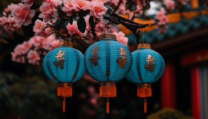 Three vibrant blue lanterns adorn a flowering branch gracefully