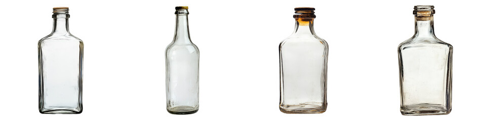 Four glass bottles different shapes with varied caps and corks displayed side by side showing their unique styles and openings