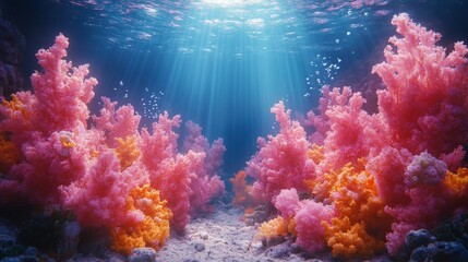 Fototapeta premium Vibrant pink and orange coral reef underwater scene with sunbeams.