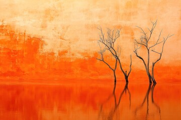 Orange lake reflections, barren trees, textured wall, serene landscape