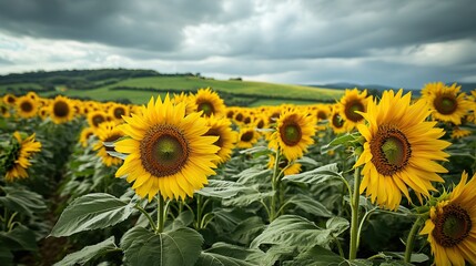 Sunflowers create a fascinating scene. Vibrant yellow petals and green foliage stand out, and the hills in the distance are softly focused. Captures the beauty, warmth, calmness and serenity of nature