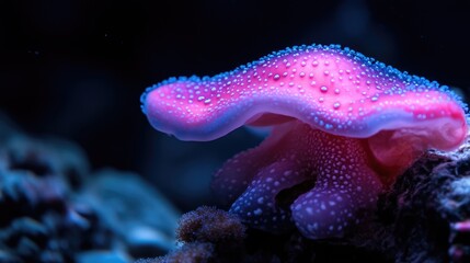 Pink, vibrant,  sea-life organism.  Close-up, aquatic,  bioluminescent