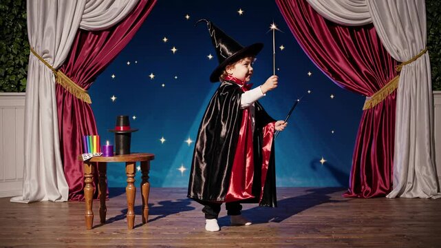 A child dressed as a magician on stage, holding a wand. Front angle captures the whimsical, playful magic show theme, ideal for a video concept.