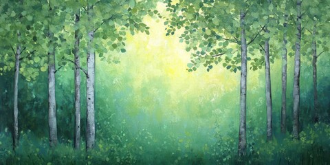 Obraz premium Serene Forest Scene with Lush Green Trees and Soft Light Effect