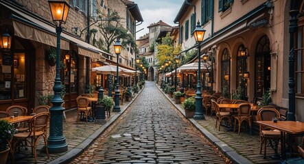 Fototapeta premium Vintage cobblestone street lined with oldfashioned lampposts and quaint cafes