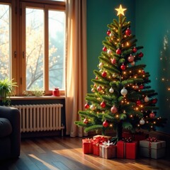 Festive Christmas tree in a cozy room, ornaments, fireplace