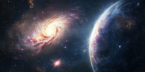 Obraz premium A deep-space scene featuring a swirling galaxy and vibrant celestial bodies