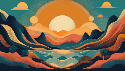 Fototapeta premium Vintage Sun Poster – Spiritual Desert Waves in Retro Rock Style