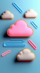 Colorful Cloud Computing Shapes with Neon Elements and Bright Background