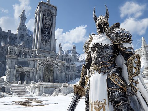 Fototapeta Armored Warrior in Snowy Citadel.