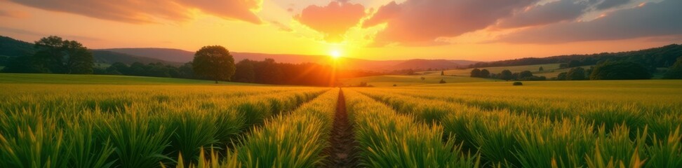 Natural organic farm landscape at sunrise, sunrise, landscape