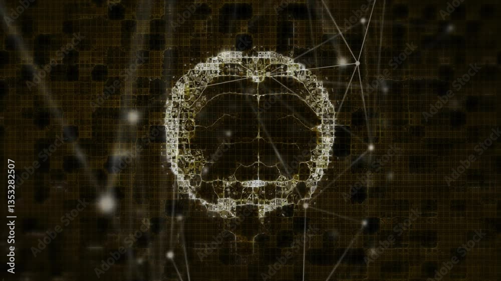 Poster animation of digital skull pattern with interconnected lines on dark background