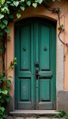 Fototapeta premium Old antique wooden door with vines and flowers, wood, serene