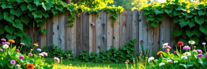 Overgrown wooden fence covered in vines and wildflowers with vintage border elements , wildflowers, greenery