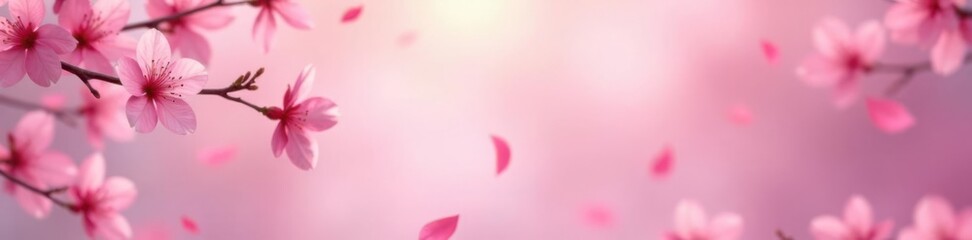 Pastel pink sakura petals softly drifting downwards, sakura blossoms, serene scene