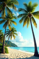 Palm trees sway gently in the warm tropical breeze, sunset, film texture