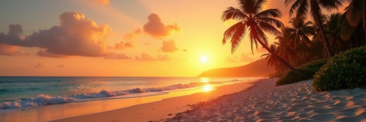 Sandy beach at sunset with palm trees, warm golden light, sandy, beach