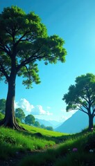 Obraz premium Silhouetted trees against a clear blue sky with lush green undergrowth, trees, foliage