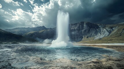 Obraz premium Majestic geyser eruption in a rugged mountain landscape