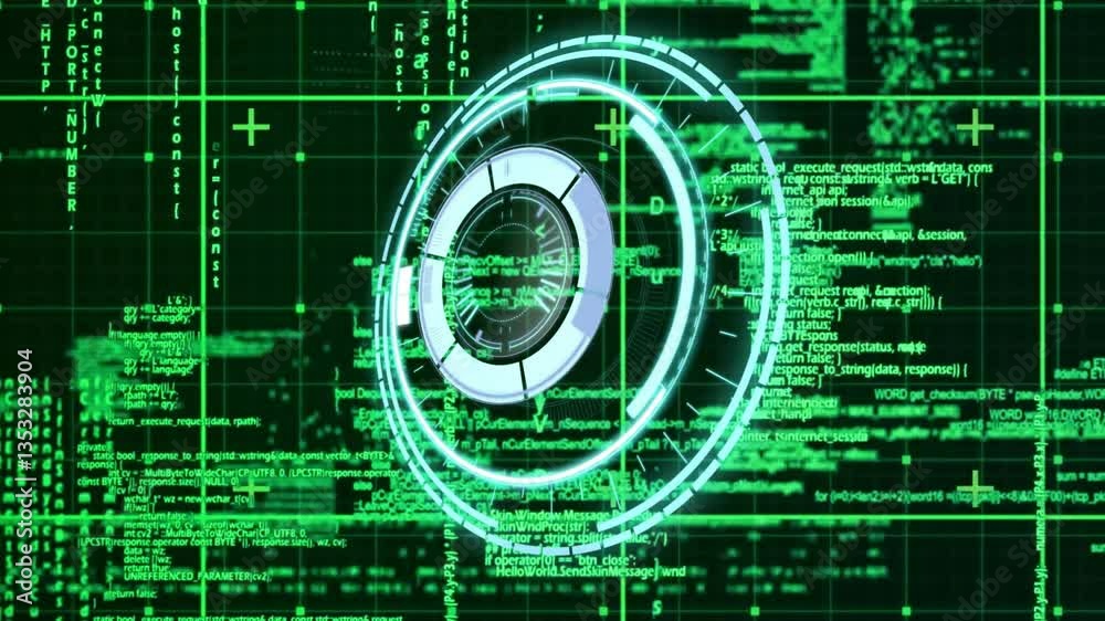 Poster rotating circular elements in animation over futuristic digital coding background
