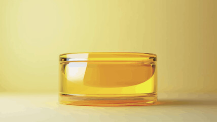 A close-up shot of a cylindrical glass jar filled with a bright yellow, translucent liquid. The jar is transparent, allowing the liquid to be fully visible.  The liquid shows a slight gloss and