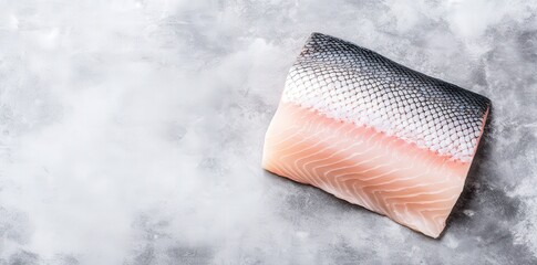 A fresh piece of salmon fillet with a clean, textured surface, showcasing its pinkish hue and distinctive skin on a gray background.