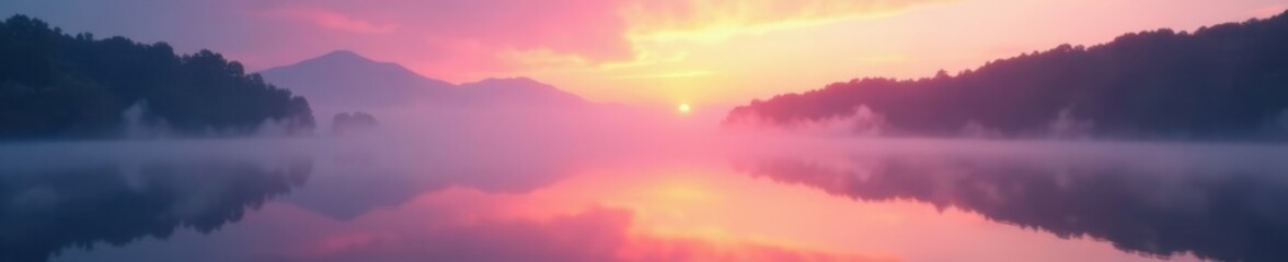 Naklejka premium Softly glowing mist surrounds a misty lake at dawn, nature, sky