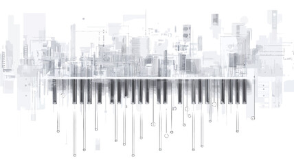 The image is a monochrome abstract illustration. It depicts a stylized cityscape rendered in shades of gray, superimposed over a set of piano keys.  The city skyline is presented in a simplified,