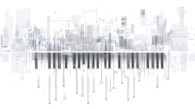 The image is a monochrome abstract illustration. It depicts a stylized cityscape rendered in shades of gray, superimposed over a set of piano keys.  The city skyline is presented in a simplified,