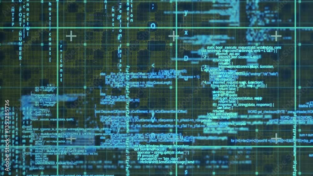 Poster Digital code and data processing animation over complex grid background