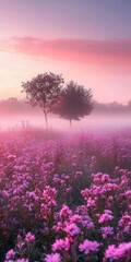 Misty Sunrise Field of Pink Flowers