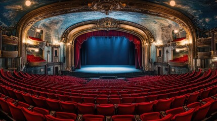 Obraz premium A majestic theater balcony view overlooking rows of red velvet seats and a grand movie screen.
