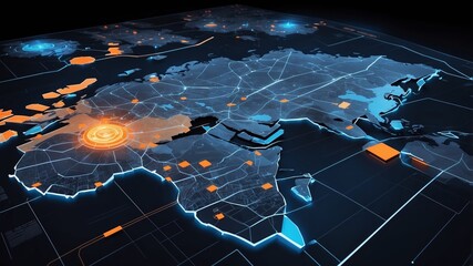Futuristic world map with glowing elements, highlighting global connectivity