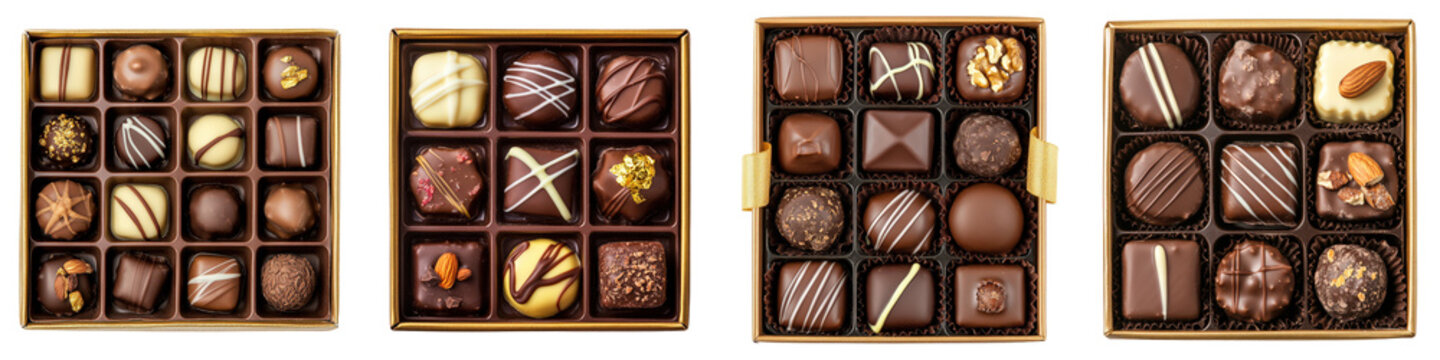 Assorted chocolates in gift boxes with decorative toppings and various shapes, a tempting dessert selection